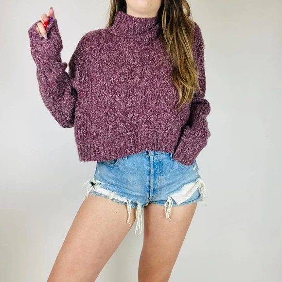 Free People Purple Cable Knit mock Neck Sweater - Picture 1 of 9